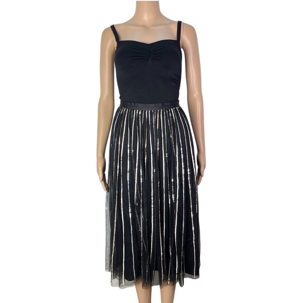 Needle & Thread Shimmer Black & Silver Shiny Sequin Tulle Midi Skirt